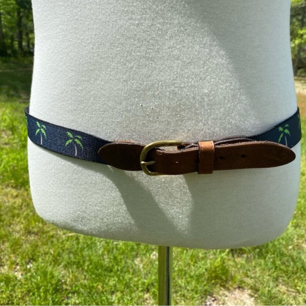 THOMAS BATES BELT BLUE FABRIC GREEN PALM TREES BROWN LEATHER BRASS BUCKLE 38 USA